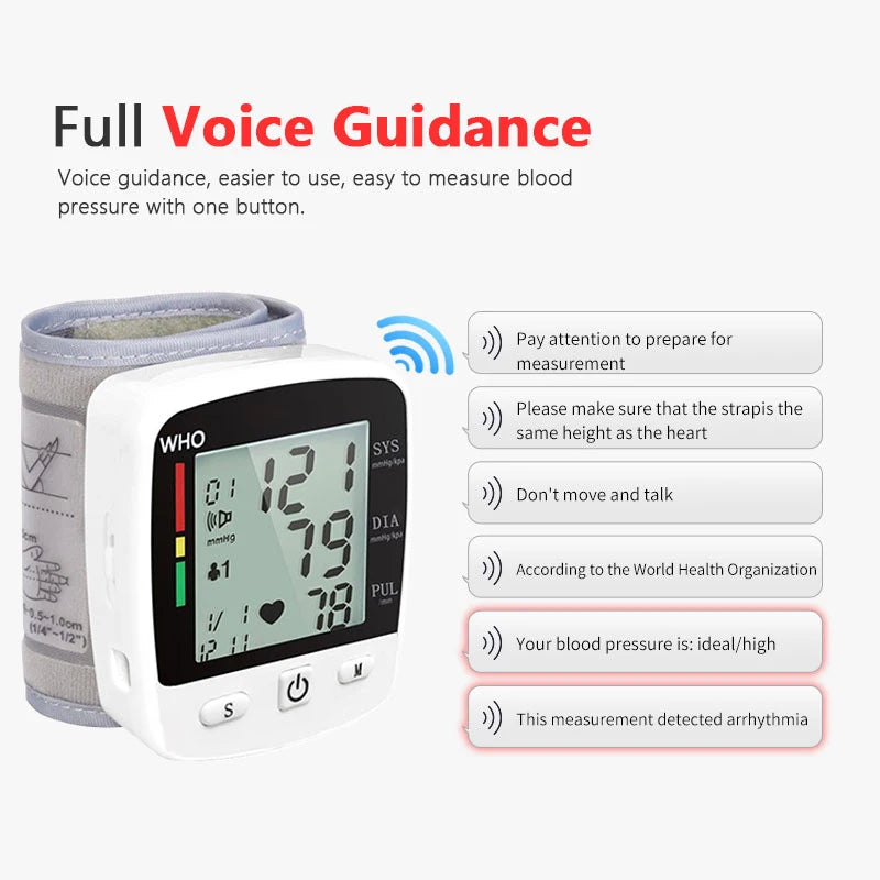 Digital Blood Pressure Monitor Wrist Tensiometer Electronic Sphygmomanometer  Tonometer with LCD, 2 X 90 Memory Rechargeable