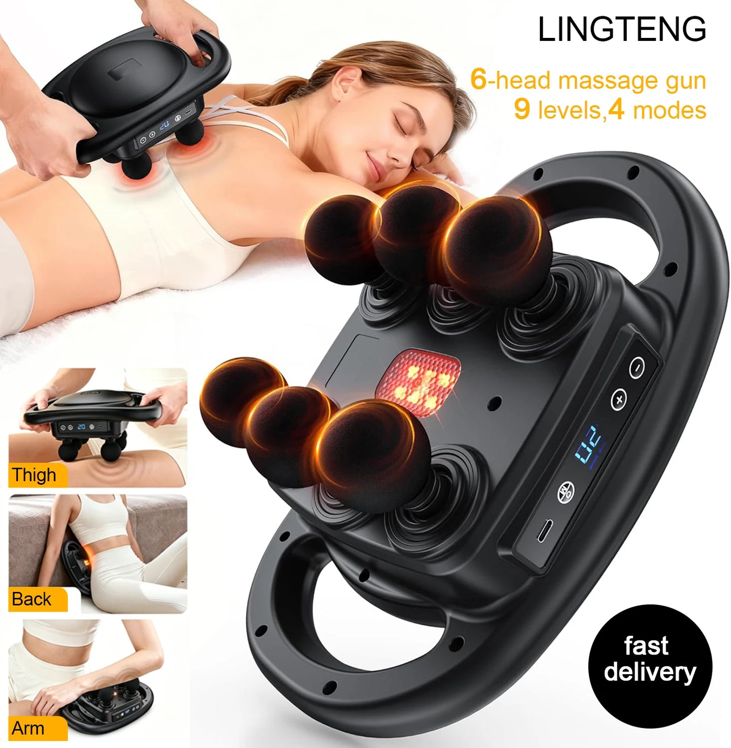LINGTENGDeep Tissue Massage Gun with 6-Head Muscle Massager, Back Pain Relief Massager, Percussion Massage Tool Handheld Massager, 9 Levels 4 Modes, Christmas Gift, Adult Birthday Gift, Father's Day Gift