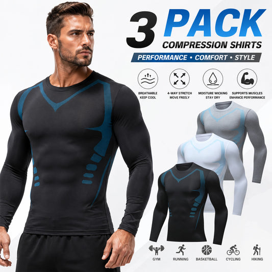 3-Pack Men's Compression Shirts Long Sleeve Gym Baselayer Tops Contour Graphic Workout Tees Moisture-Wicking Quick-Dry Performance Training Set