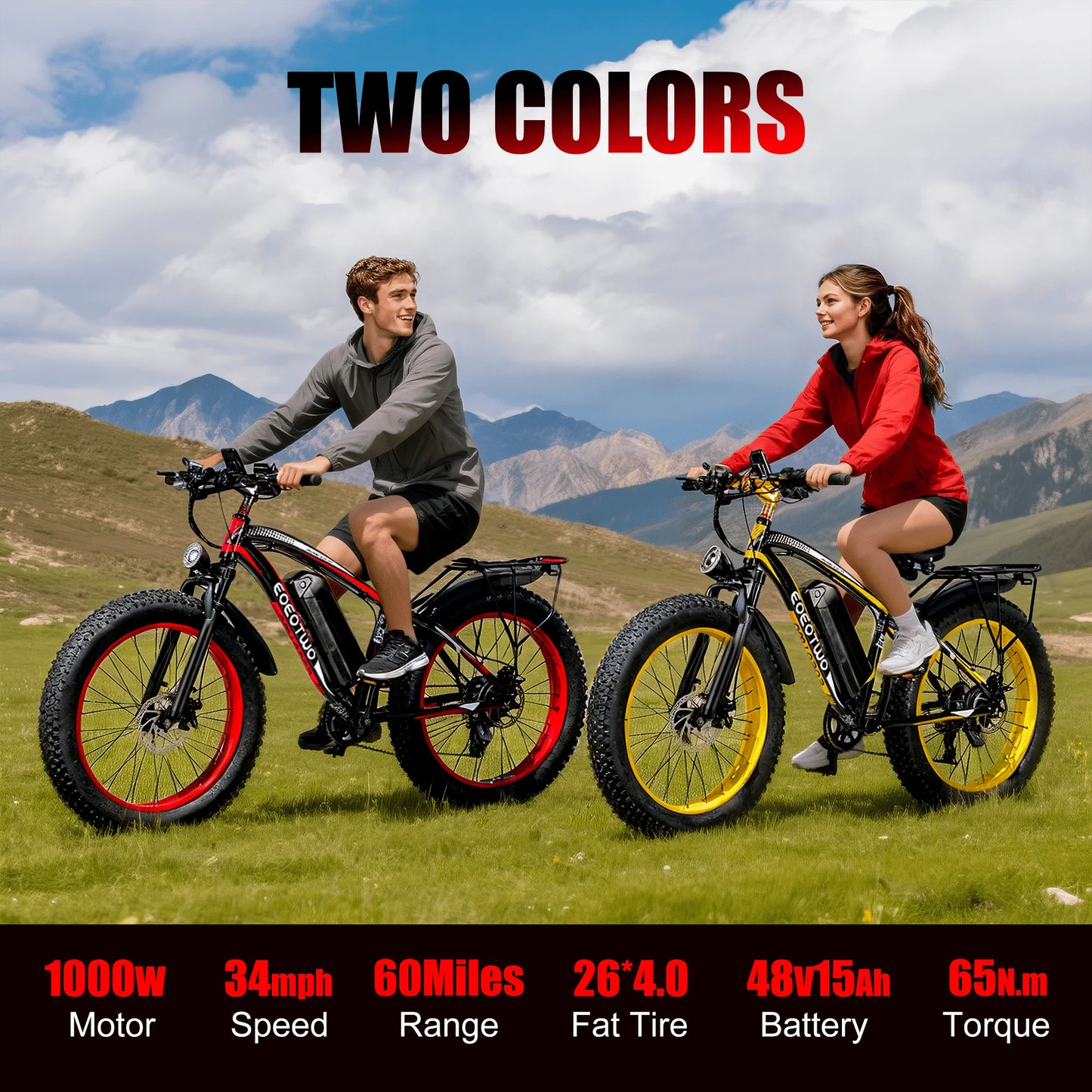 EOEOTWO 1500W Electric Bike 48V 15Ah Battery 26" 4.0 Fat Tire Ebike 34MPH High Speed Mountain Bicycle Off-Road Snow Bike for Adults